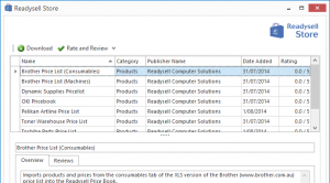 Screenshot of the Readysell Store showing import/export definitions