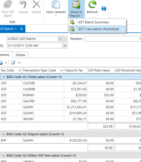 screenshot of gst batch in readysell