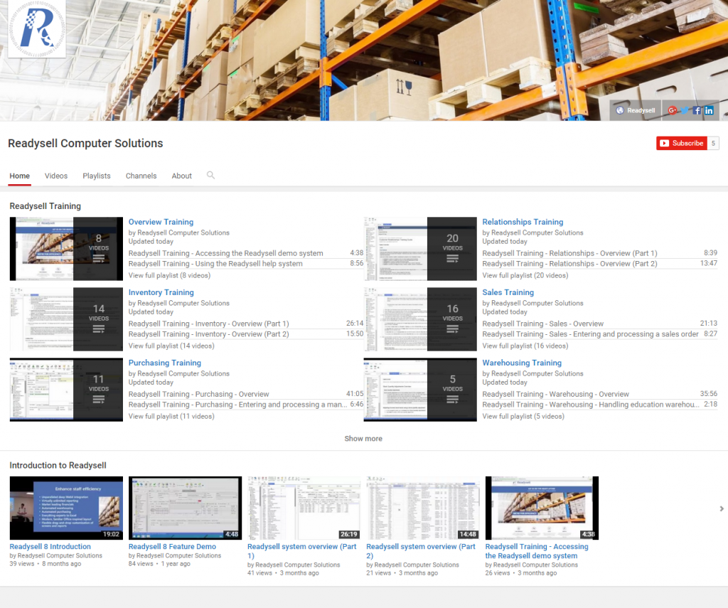 Screenshot of Readysell training video library on YouTube