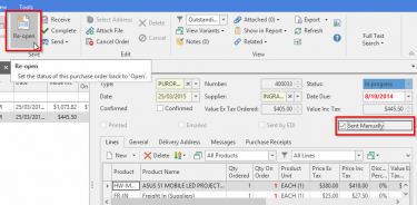 Screenshot of purchase order screen