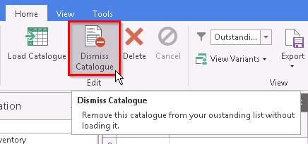 Screenshot of Dismiss Catalogue button